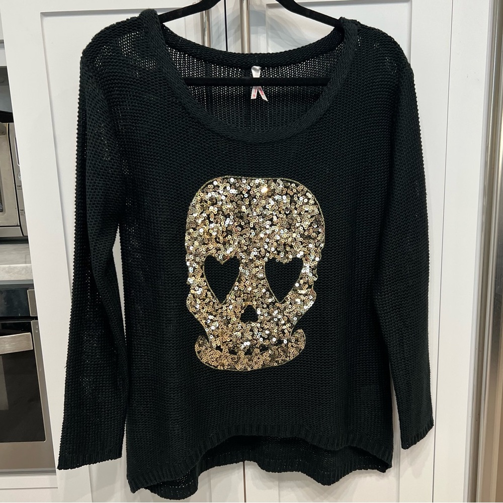 Gold Sequin Skull Black Loose Knit Sweater Sz S
